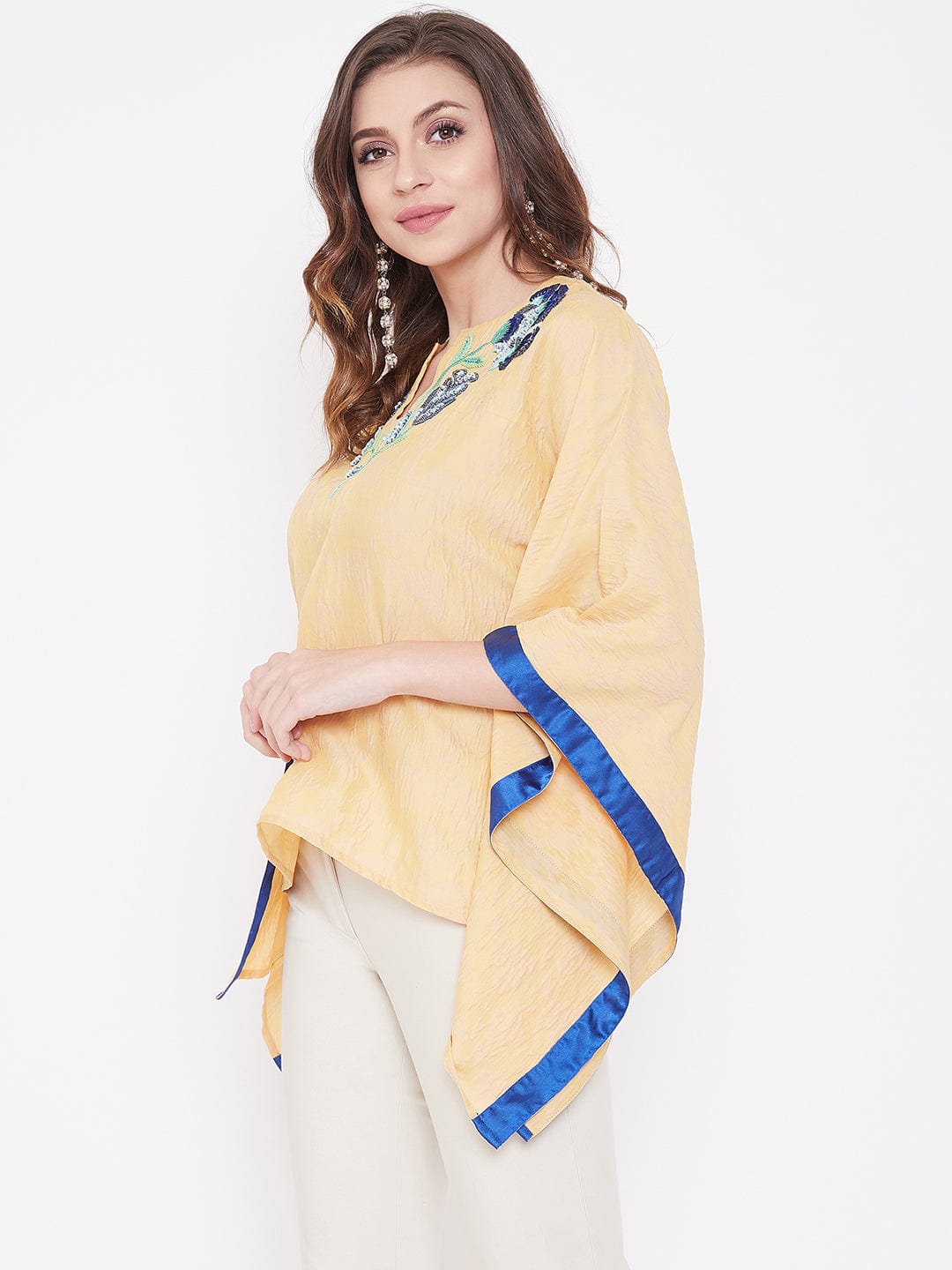 The Kaftan Company Tops Yellow Popcorn Silk Embroidered Kaftan Top