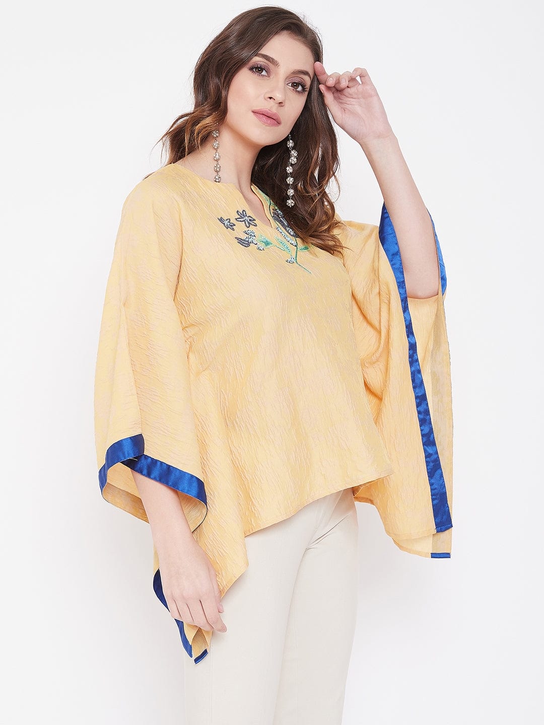 The Kaftan Company Tops Yellow Popcorn Silk Embroidered Kaftan Top