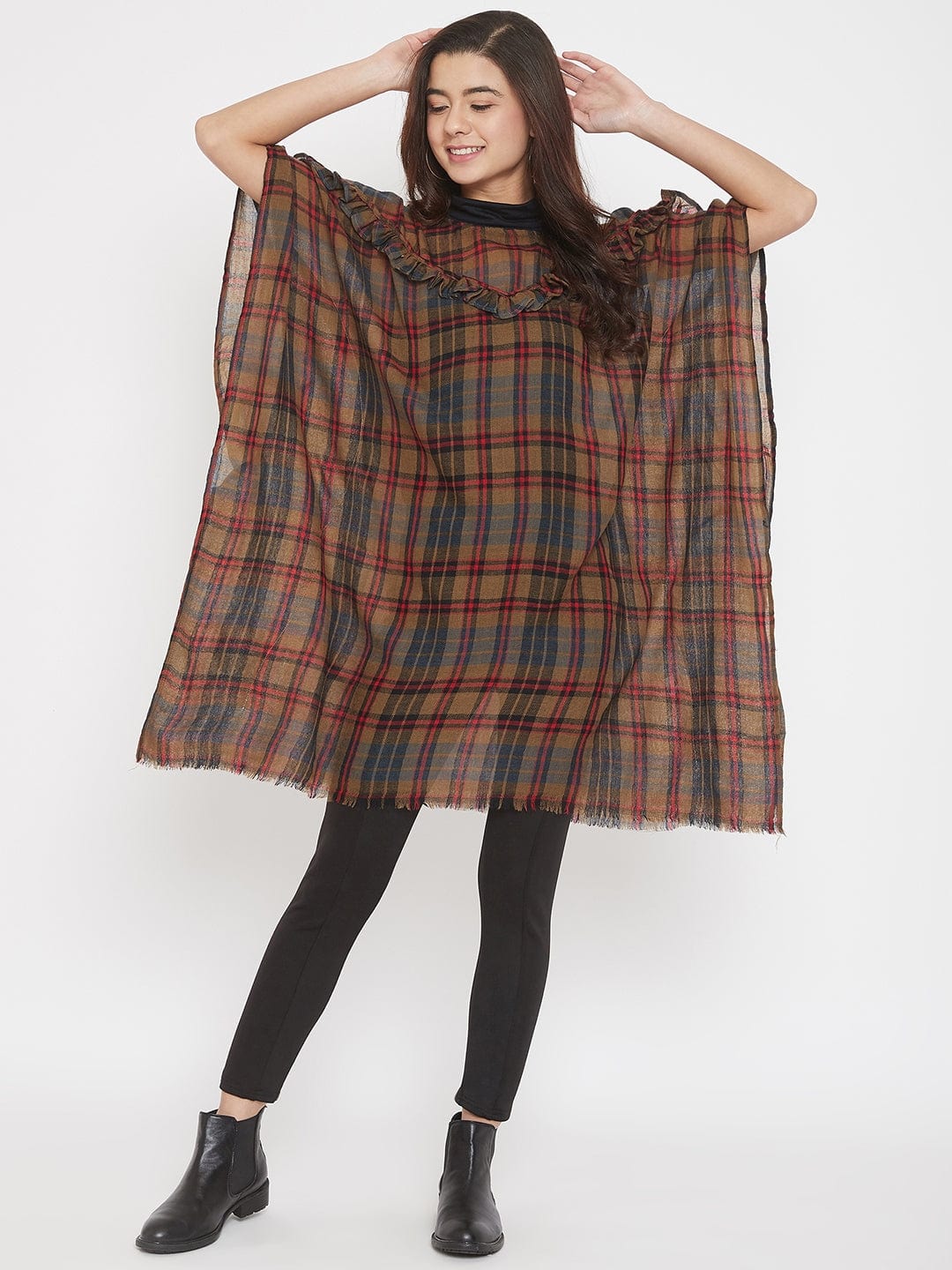 The Kaftan Company Tunics PREMIUM WOOL CHECKS KAFTAN W/RUFFLES (Final Sale)