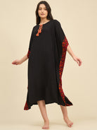 Women Black Modal Midi Kaftan – Printed Border Detail by The Kaftan Company