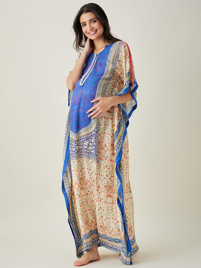 Regal Blue Mughal- Inspired Nursing Kaftan with Intricate Prints