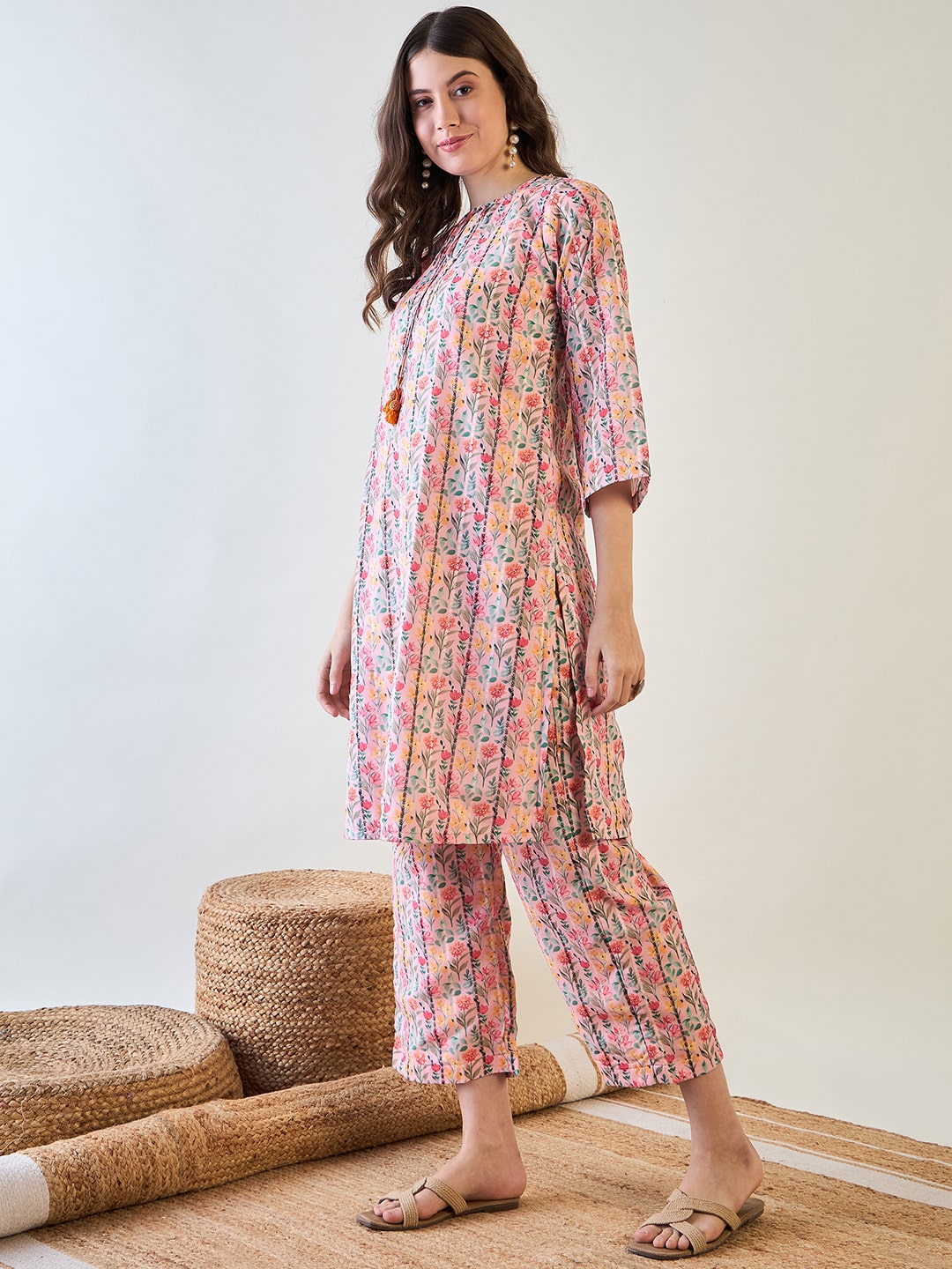 pink floral co-ord set with straight-cut pants, perfect for festive occasions.