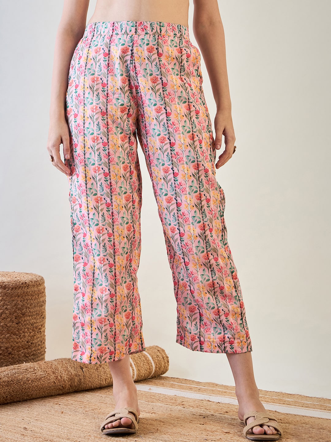 A stylish look with a pink floral lurex co-ord set, perfect for everyday or festive wear.