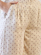 Floral pattern detail on the waistcoat top of the cotton satin coord set.