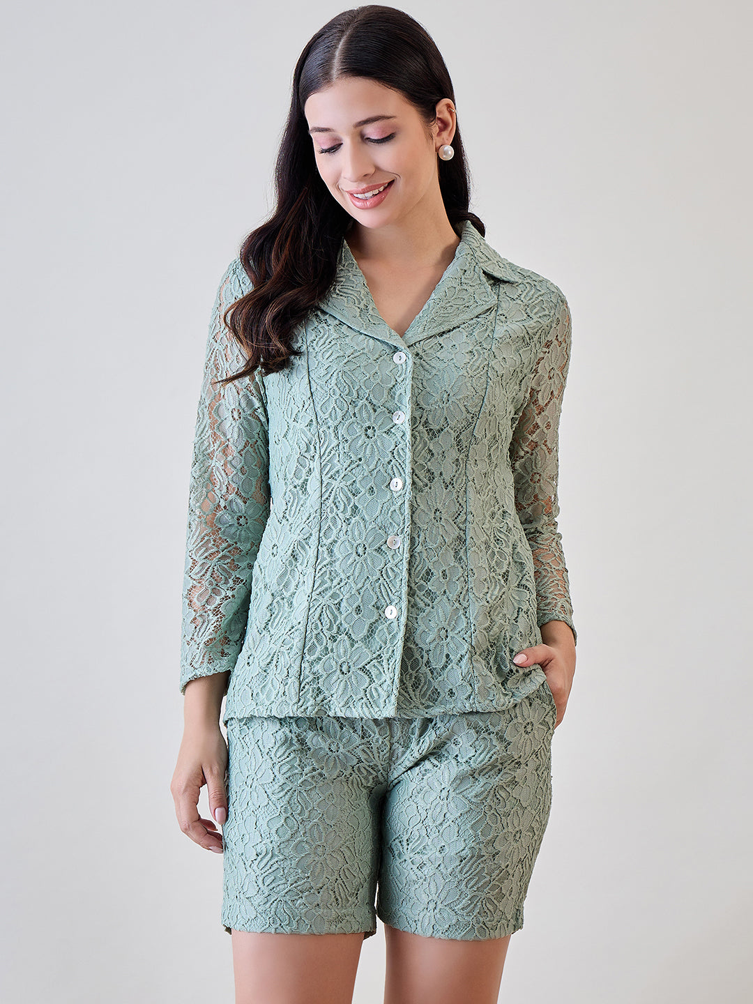 Pastel Green Delicate Floral Lace Jacket and Shorts Cord Set for a chic, comfortable look.
