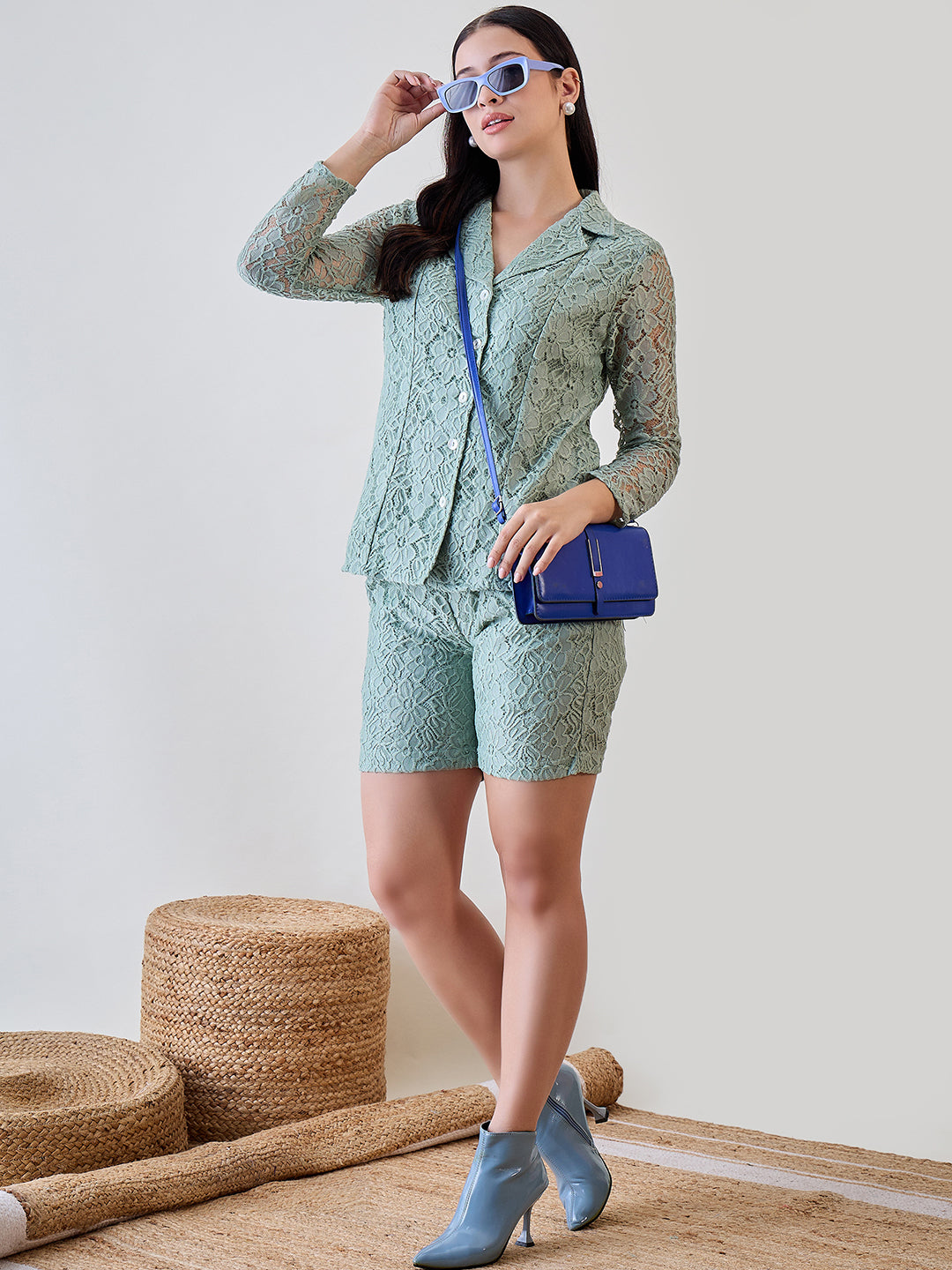 Pastel Green Delicate Floral Lace Jacket and Shorts Cord Set for a stylish and elegant loungewear option
