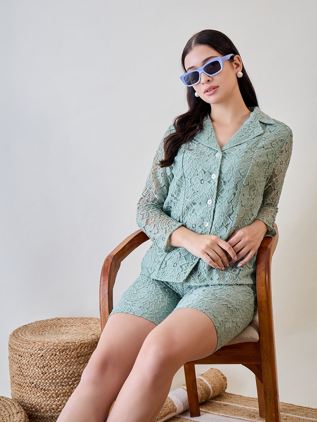 Upgrade your loungewear with the Pastel Green Delicate Floral Lace Jacket and Shorts Cord Set for effortless elegance
