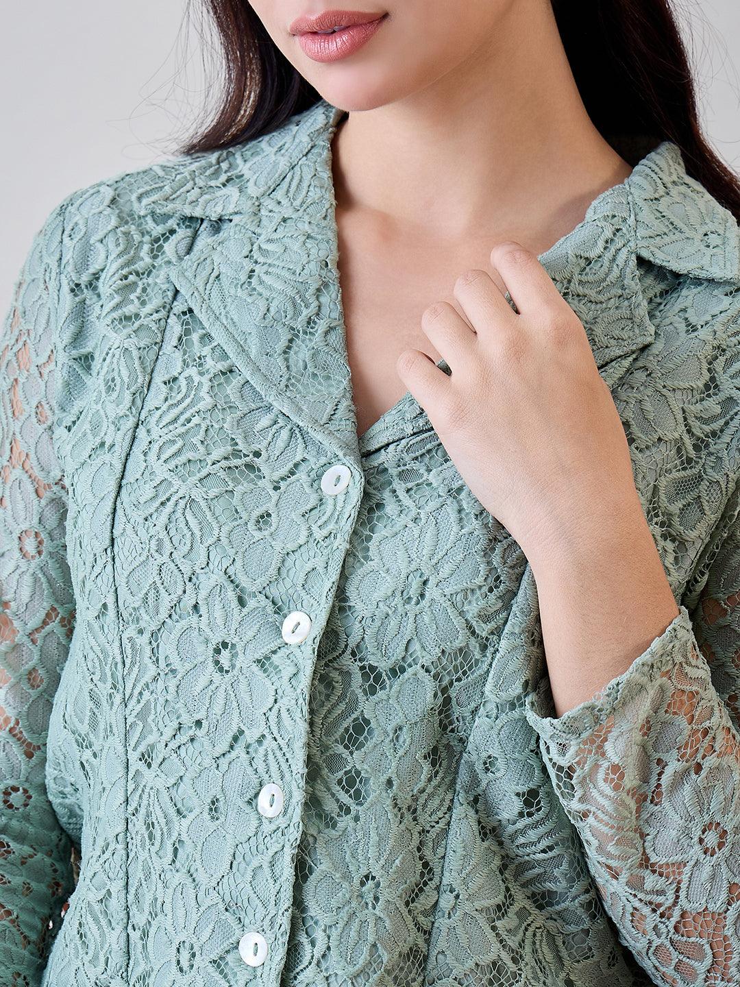 Indulge in the soft, delicate lace and pastel green tones of the Floral Lace Jacket and Shorts Cord Set
