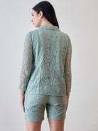 Stay cozy and chic in the Pastel Green Delicate Floral Lace Jacket and Shorts Cord Set, designed for comfort and flair
