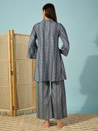 Stylish and comfortable light denim co-ord set, ideal for casual outings with a buttoned shirt and wide legs.
