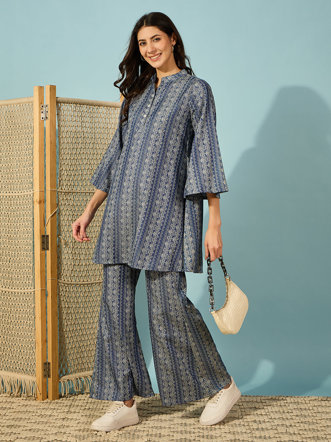 Super stylish self-printed denim co-ord set with long sleeves and relaxed wide-leg pants.

