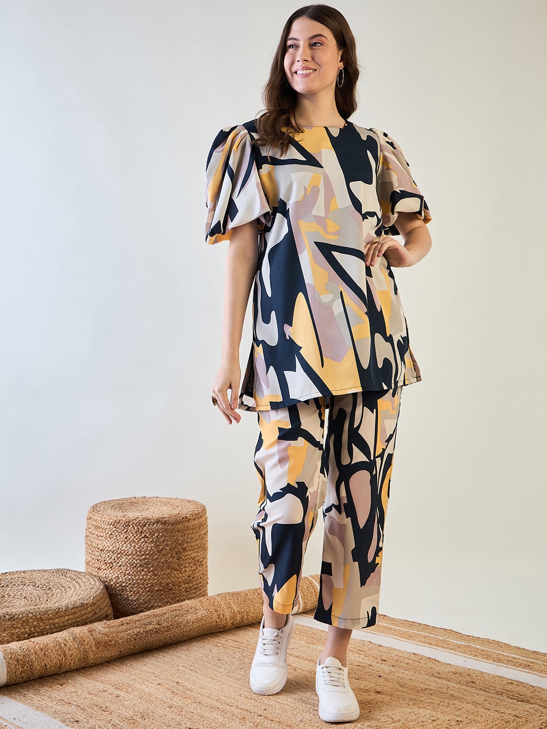 Trendy Crepe Co-ord Set with abstract multicoloured design.