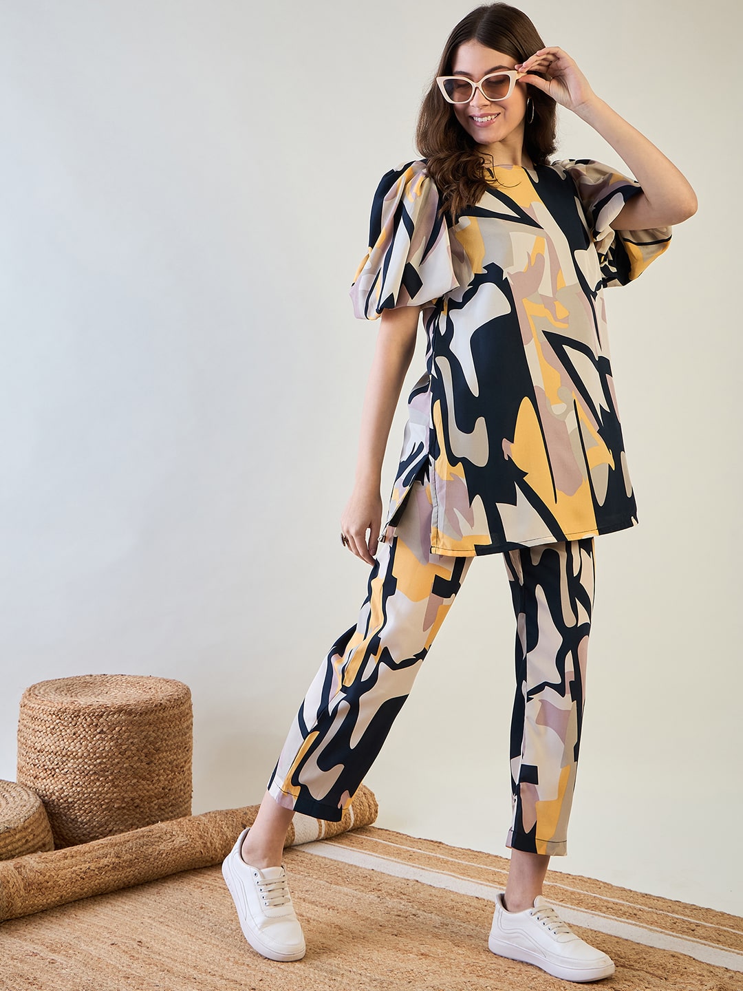 Abstract pattern on lightweight poly crepe co-ord set with slim fit pants