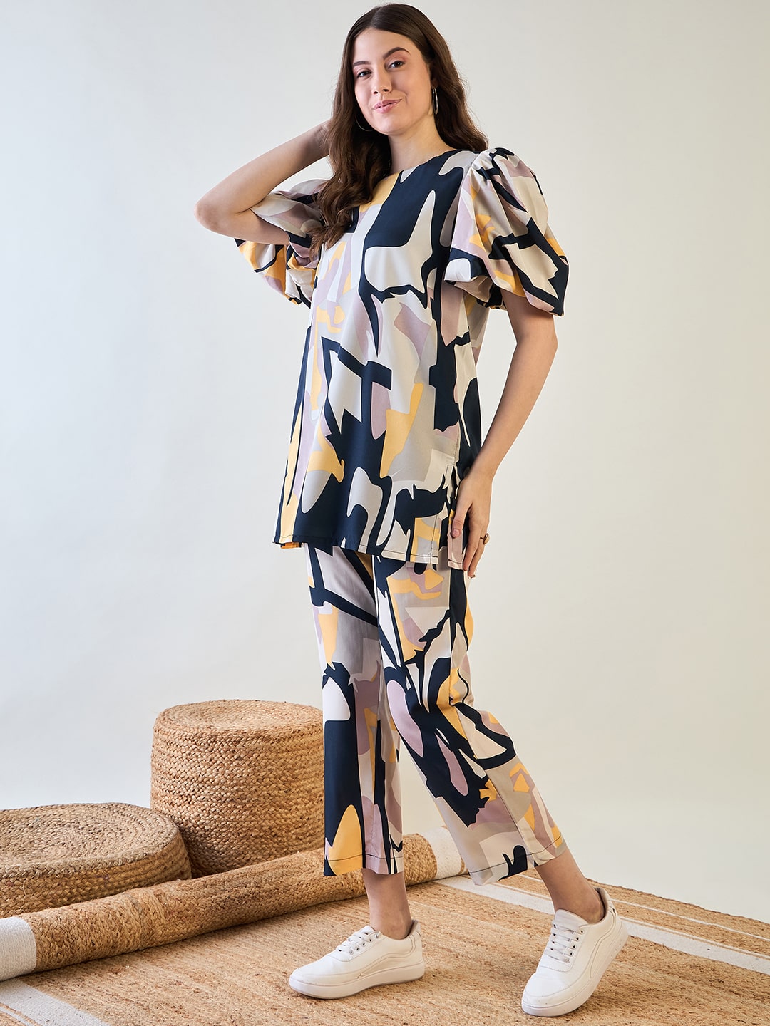 Casual chic look featuring the vibrant poly crepe co-ord set with puffed sleeves.