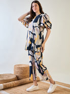 Casual chic look featuring the vibrant poly crepe co-ord set with puffed sleeves.