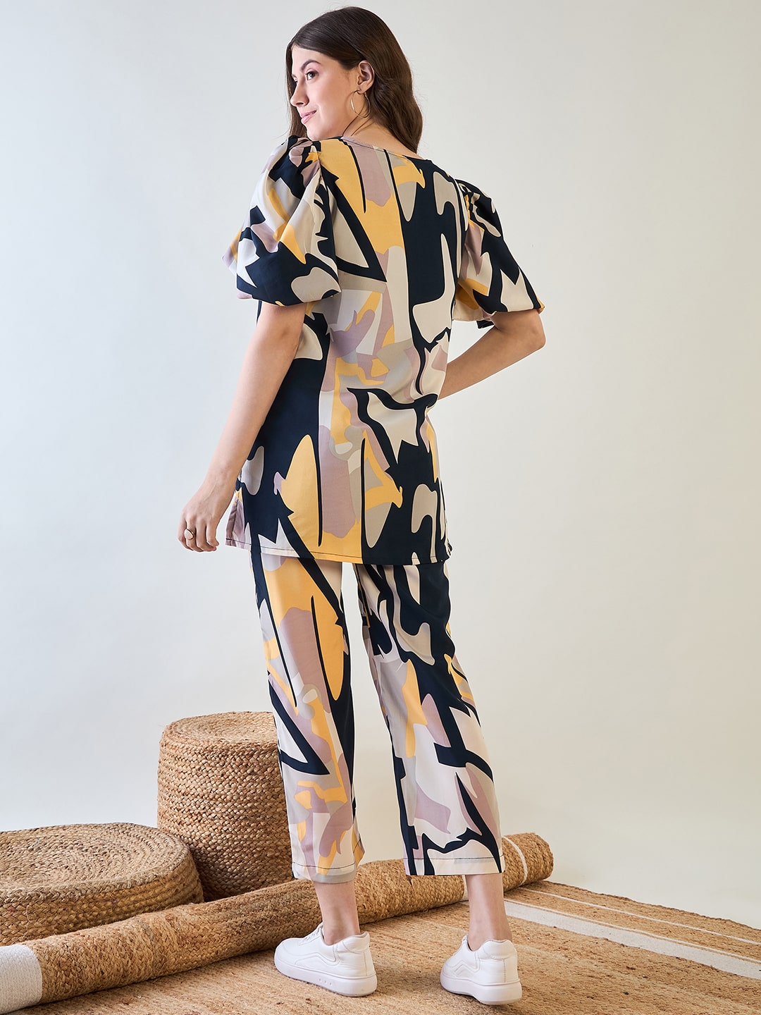 Bright and bold abstract print on the Trendy Crepe Co-ord Set.