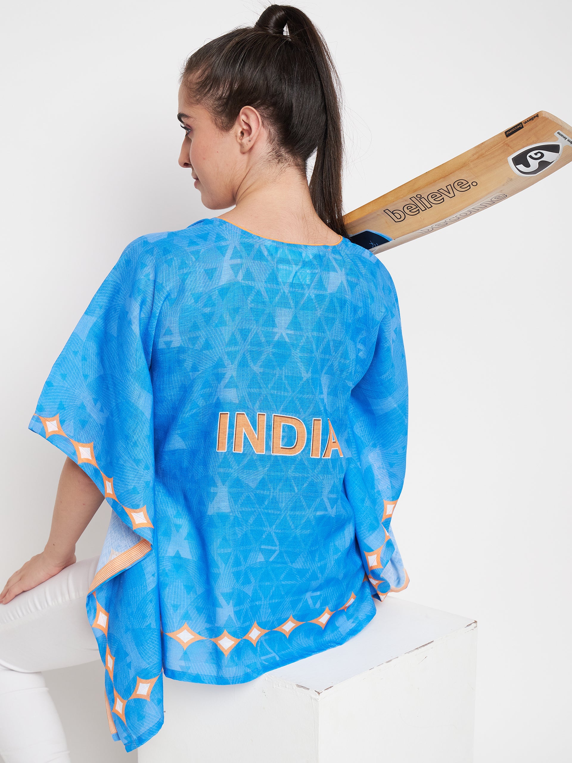 Women Blue Indian Cricket Kaftan Top - The Kaftan Company