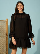 Women Above Knee Length Black Dobby Georgette Ruffle Dress - Elegant slim fit with ruffle details, perfect for special occasions.
