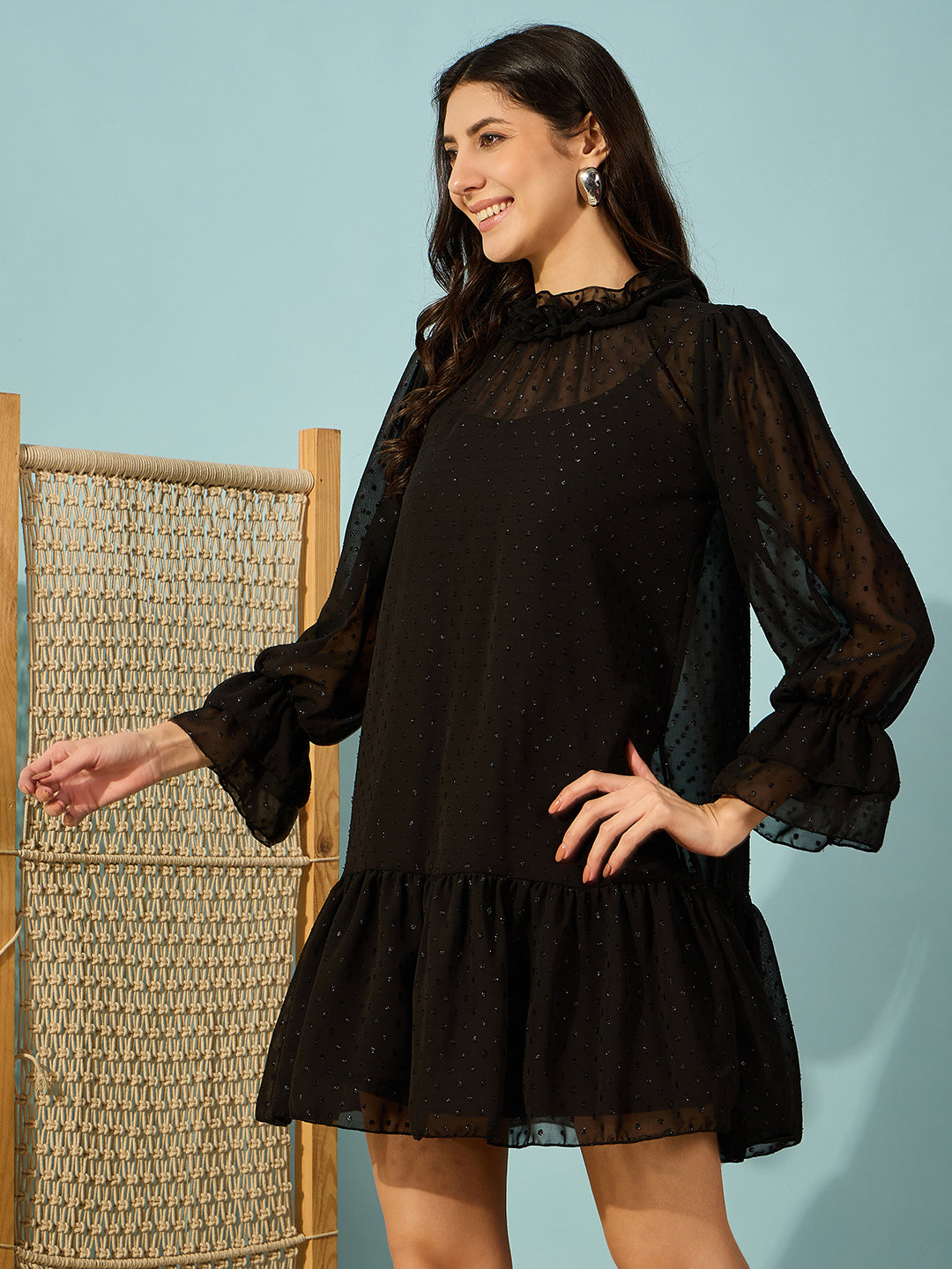 Chic Black Ruffle Dress in Dobby Georgette - A flattering silhouette for your next event.
