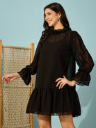 Chic Black Ruffle Dress in Dobby Georgette - A flattering silhouette for your next event.
