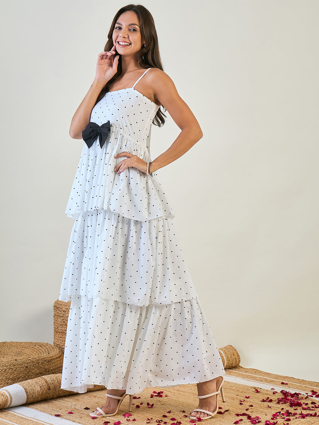 White Heart Printed Sleeveless 100% Cotton Stylish Tiered Maxi Dress