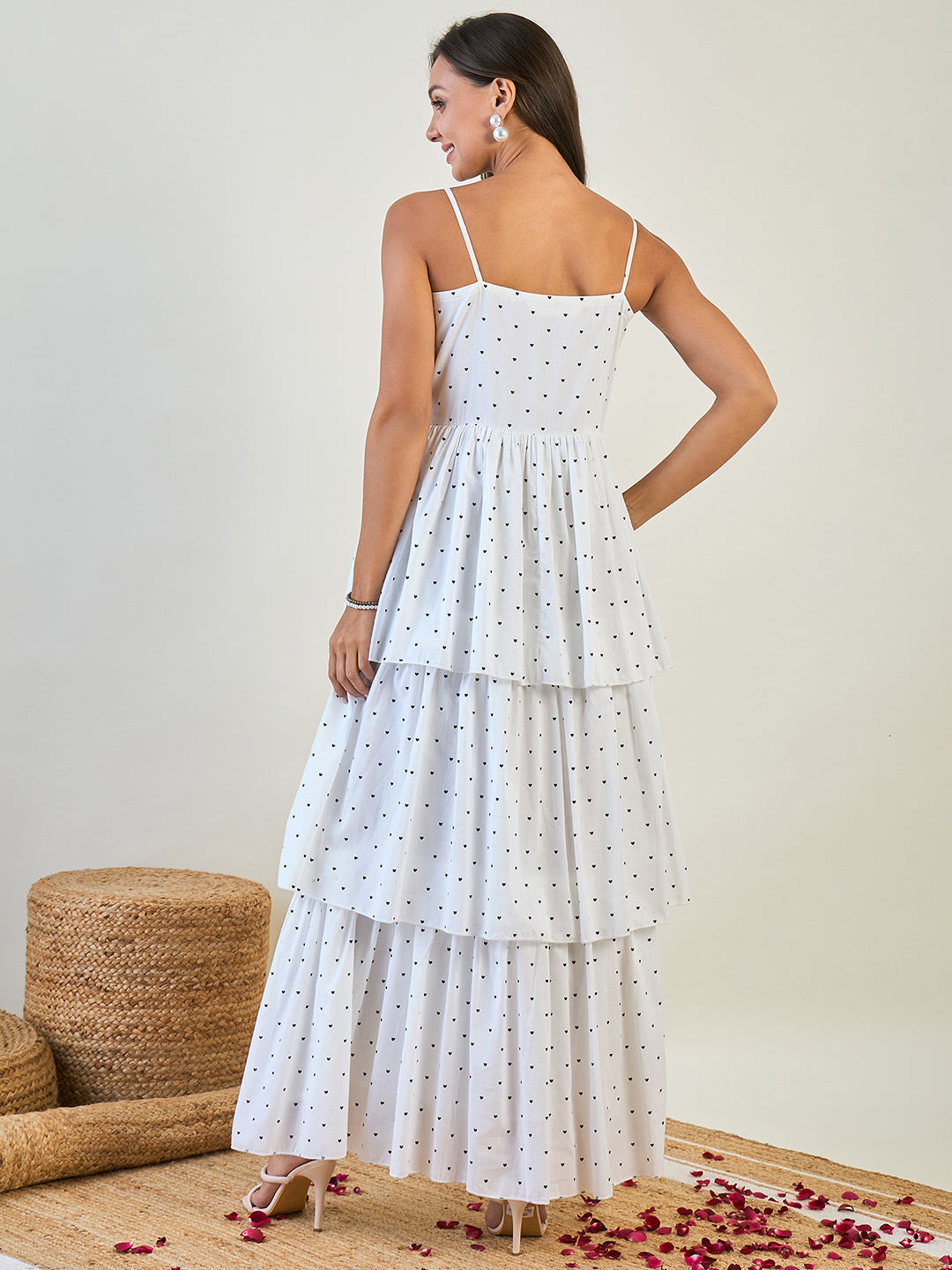 White Heart Printed Sleeveless 100% Cotton Fancy Tiered Maxi Dress
