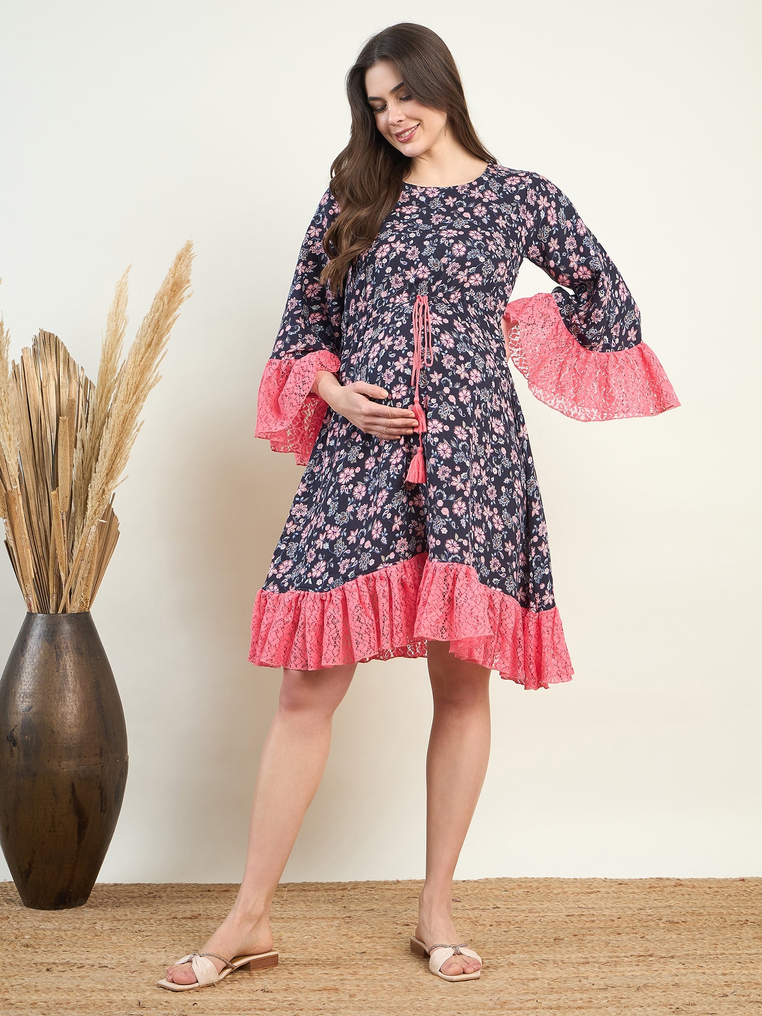 Women Black Floral Maternity Midi Dress â‚¬€œ The Kaftan Company