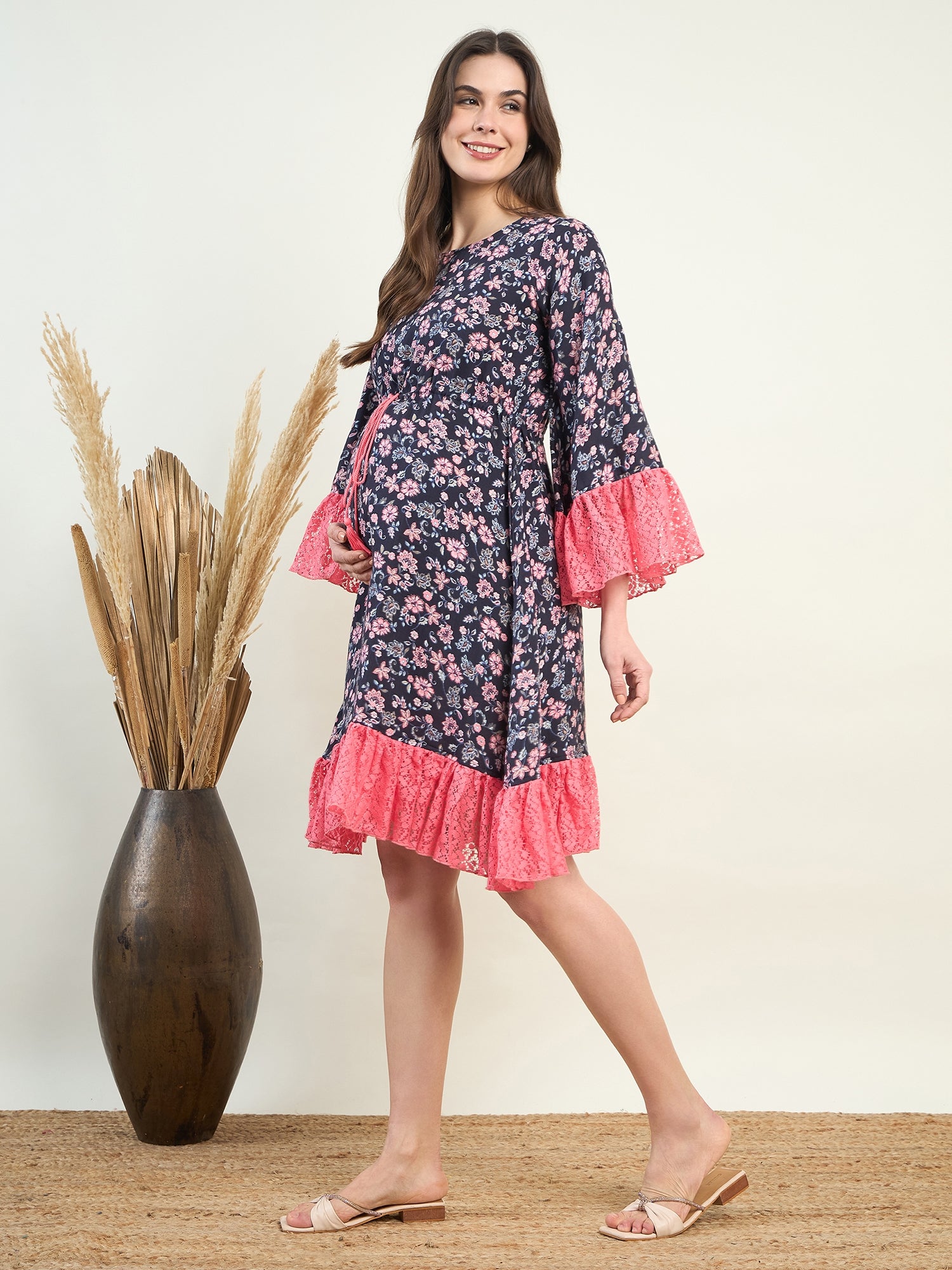 Women Black Floral Viscose Elegant Maternity Short Dress