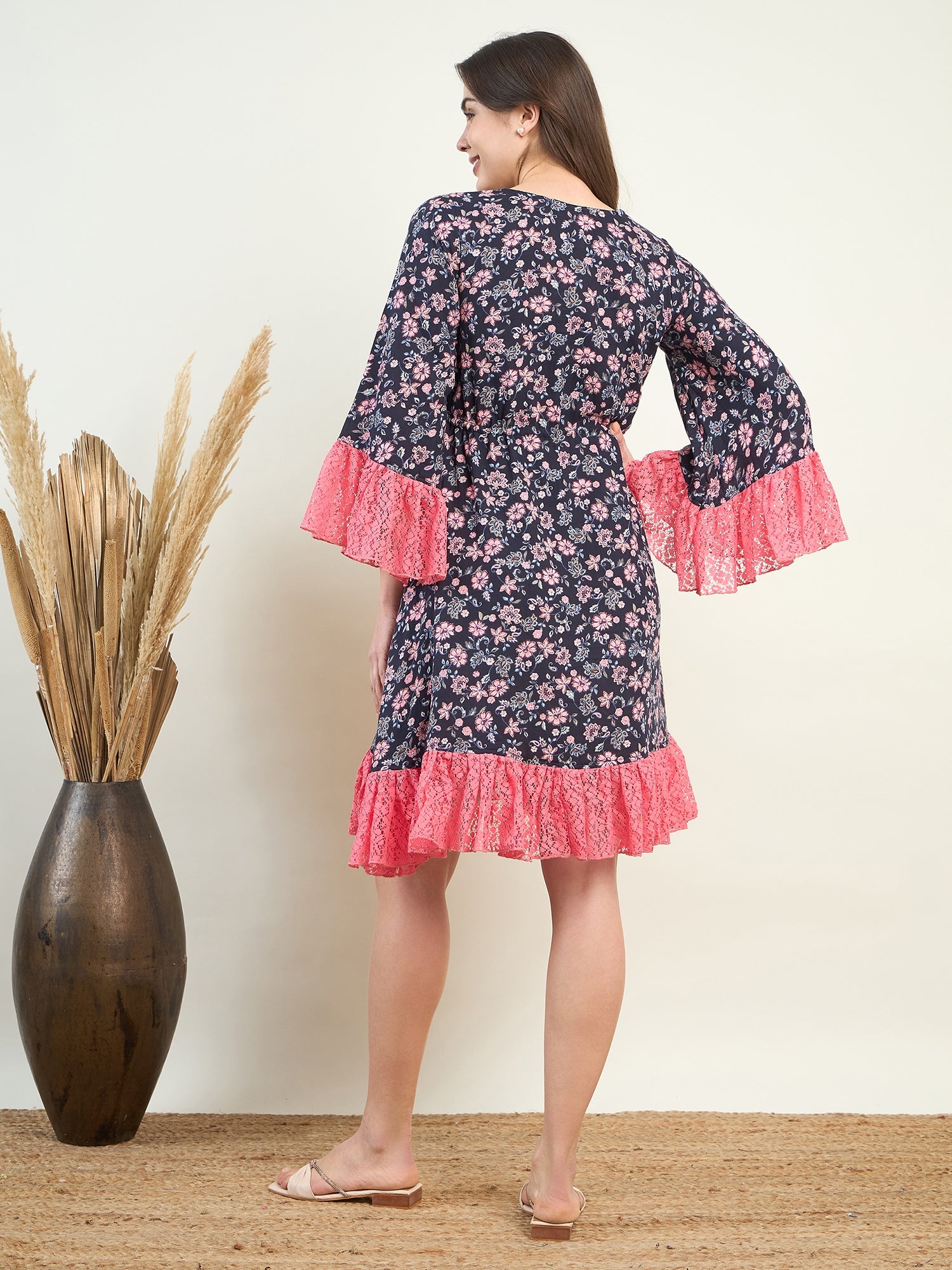Women Black Floral Viscose Elegant Knee Length Maternity Dress