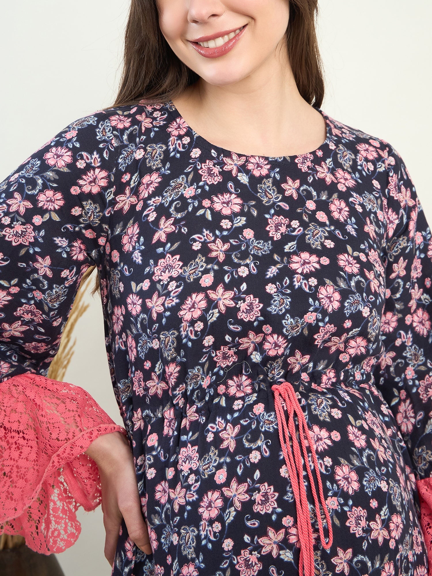 Black Floral Viscose Elegant Knee Length Maternity Dress with Pink Dori On The Waist