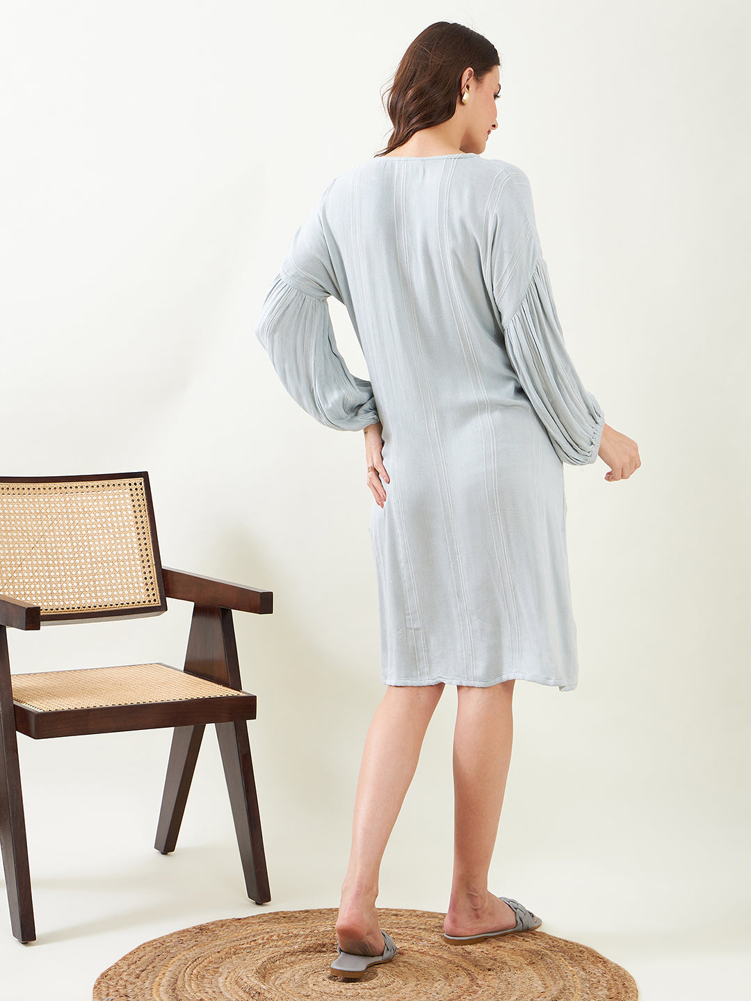 Pure Cotton Round Neck Short Nursing Dress with Puffed Sleeve