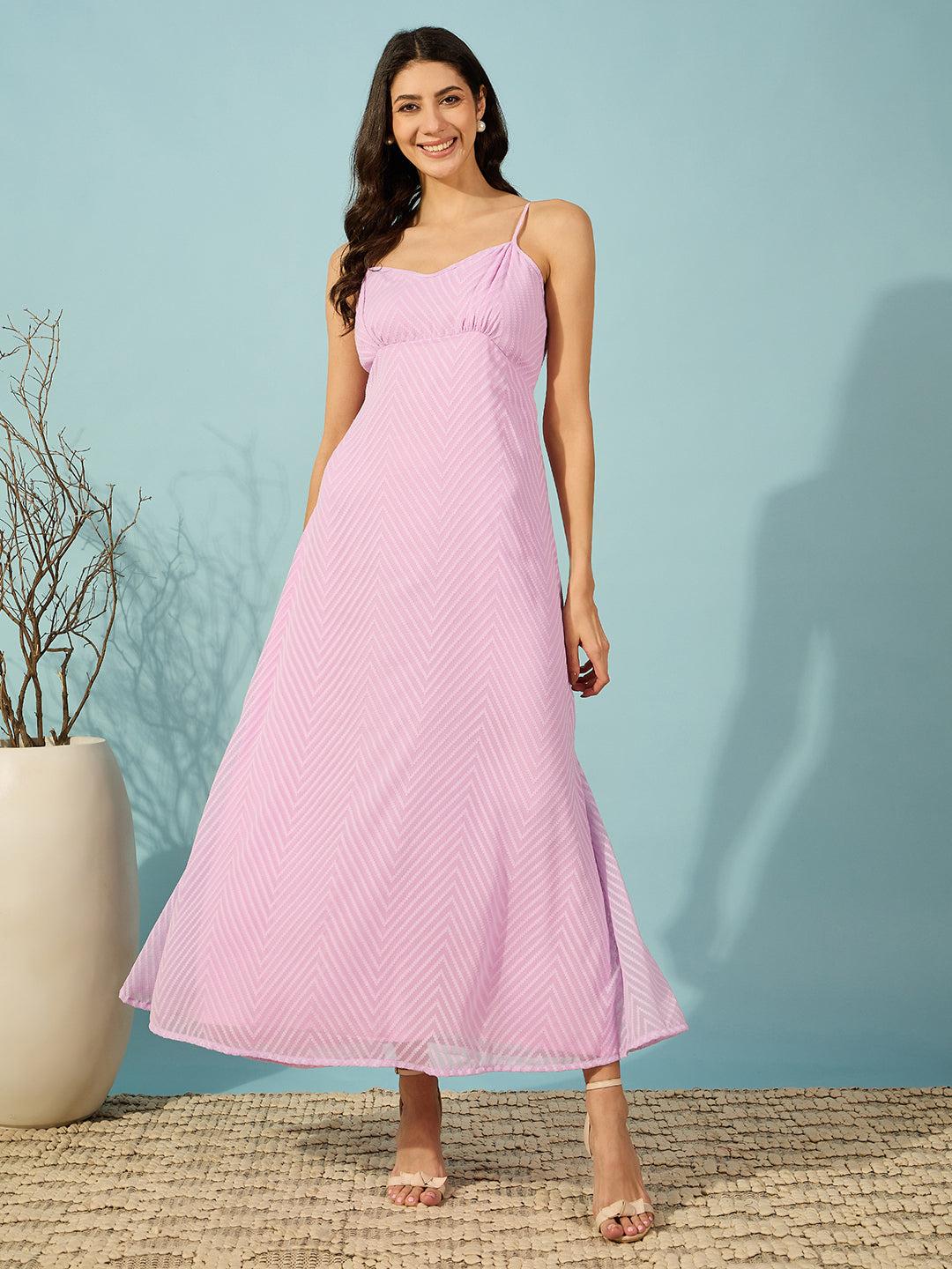 Elegant lavender self-textured western mini dress with gathers on the yoke for a sophisticated look.
