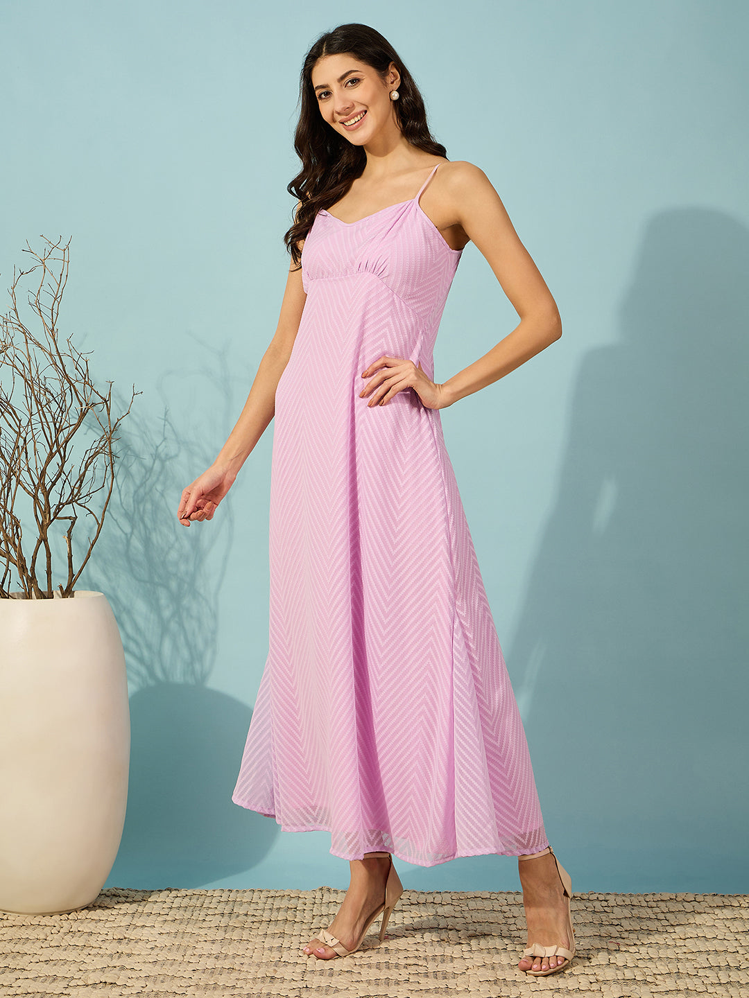 Soft and elegant lavender stylish dress with gathers on the yoke, perfect for casual or formal events.
