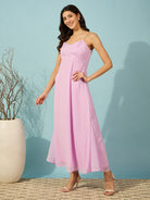 Soft and elegant lavender stylish dress with gathers on the yoke, perfect for casual or formal events.
