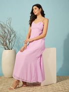 Full-length lavender mini dress with self-textured fabric and a flattering fit, perfect for any event.
