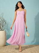 Women lavender short length dress featuring delicate gathers on the yoke, offering a sleek, full-length design.
