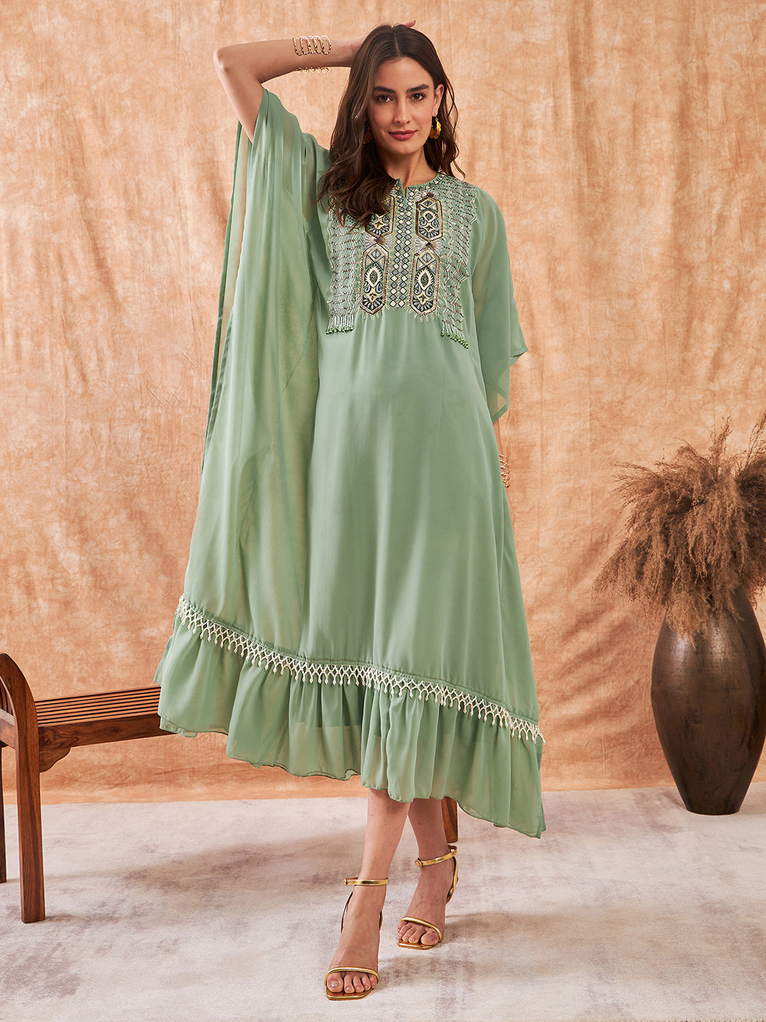 Women Moss Green Hand Embroidered Layered Partywear Kaftan Dress With Slip - The Kaftan Company 
