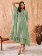 Women Moss Green Hand Embroidered Layered Partywear Kaftan Dress With Slip - The Kaftan Company 