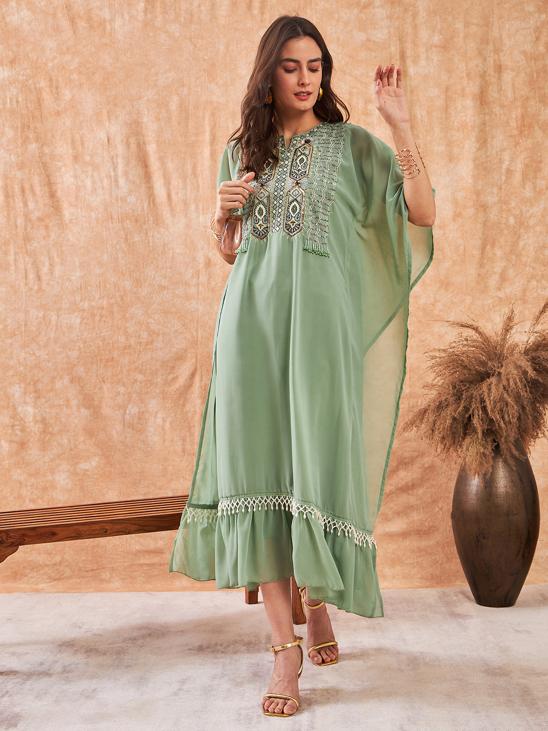Women Moss Green Hand Embroidered Layered Partywear Kaftan With Slip