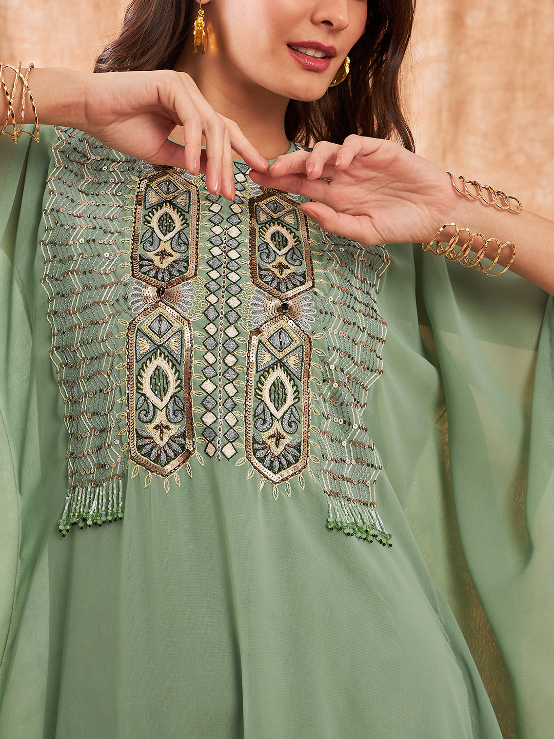 Moss Green Hand Embroidered Layered Georgette Partywear Modern Kaftan Dress With Slip