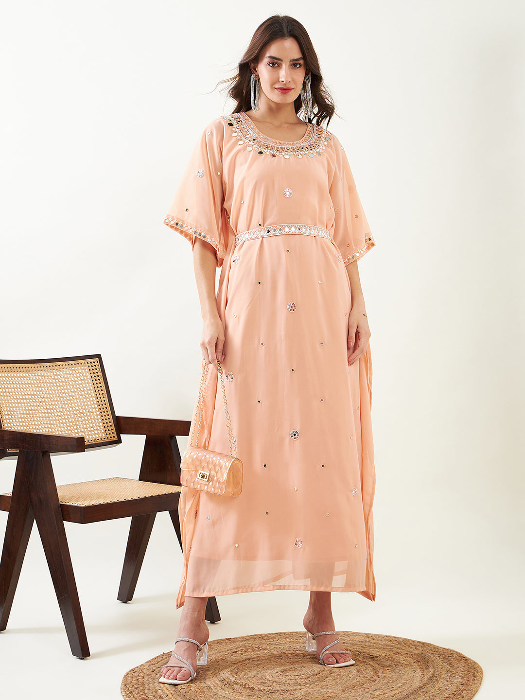 Women Peach Hand Embroidered Fancy Kaftan Dress With Slip - The Kaftan Company 