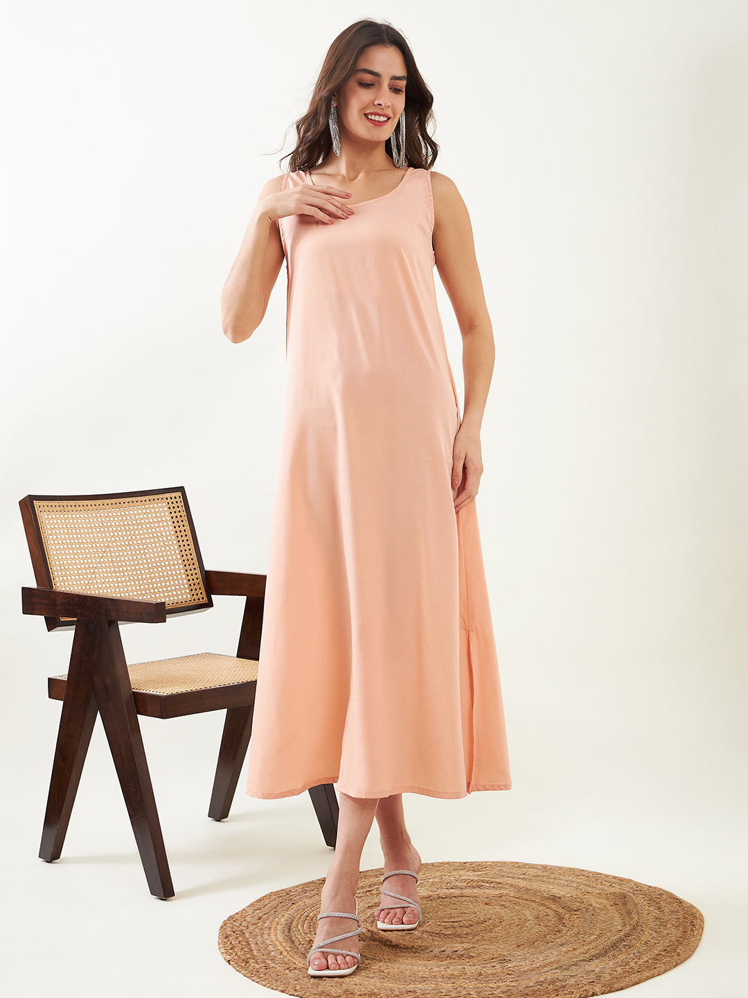 Peach Round Neck Sleeveless Slip For Women
