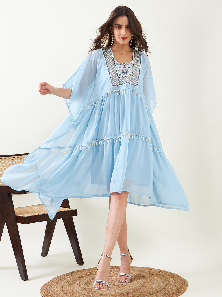 Blue Hand Embroidered Layered Party Dress with Slip