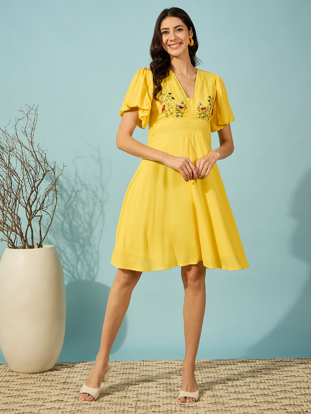 Women's Yellow Hand-Embroidered Viscose Linen Dress - Knee-Length Elegance for Every Occasion.
