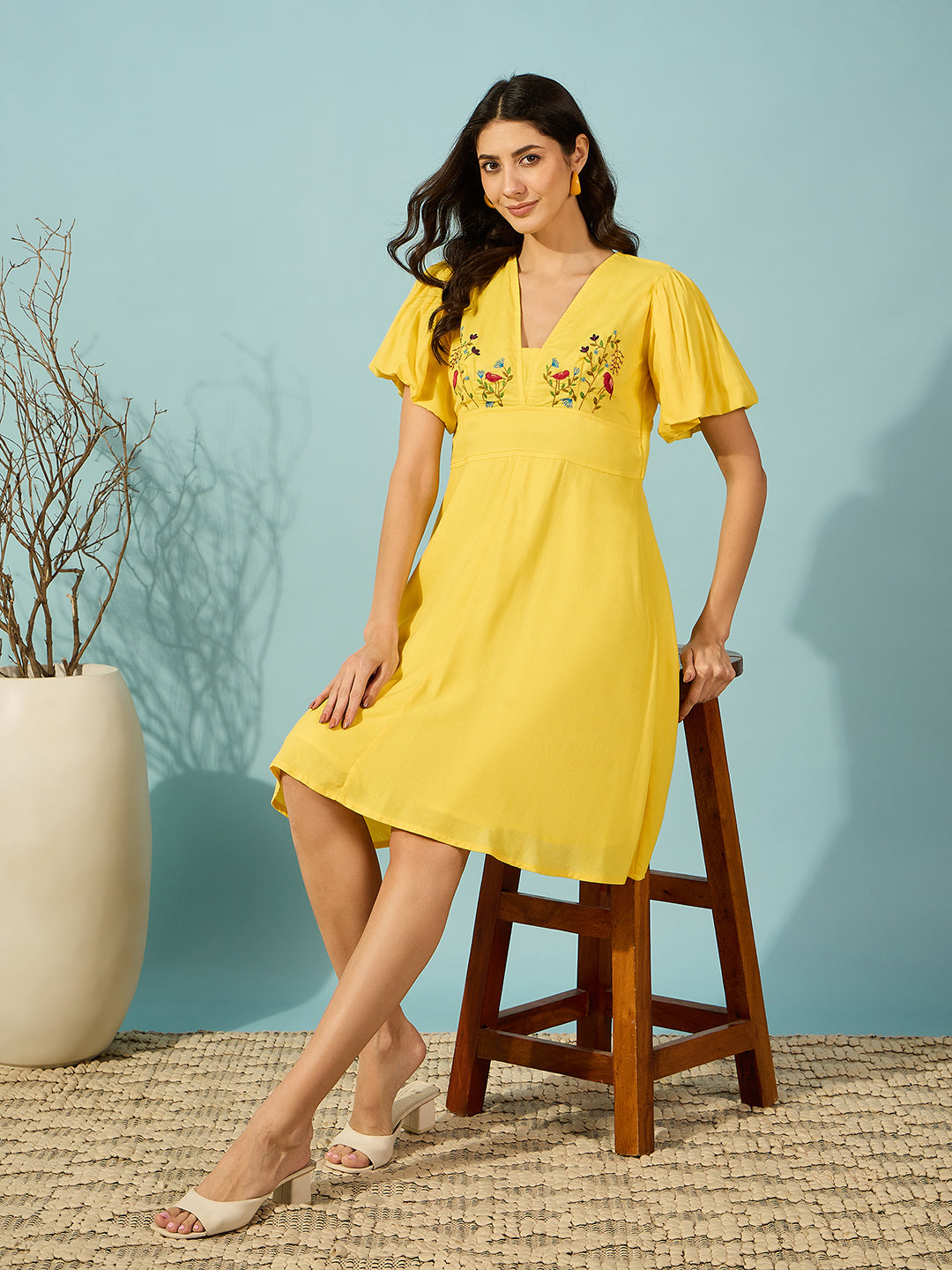 Yellow Hand-Embroidered Viscose Linen Dress for Women - Stylish knee-length comfort.
