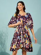 Women Burgundy floral maternity dress with a super soft fabric and adjustable waist tie for a flattering fit.

