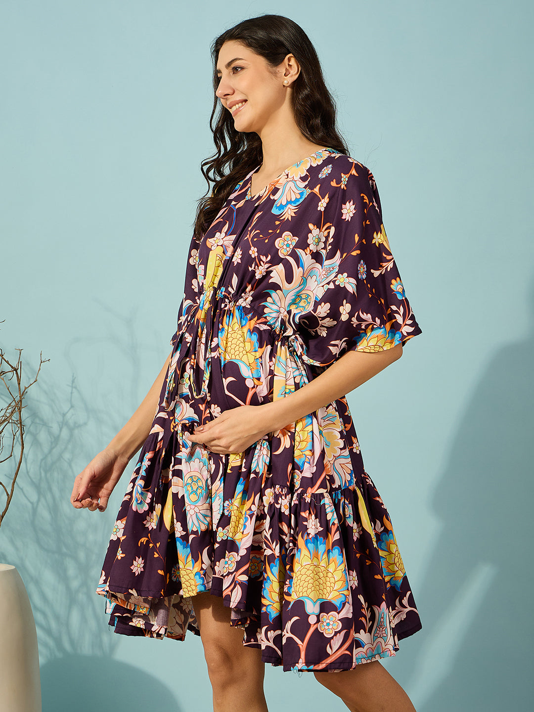 Women Mini Length Charming vintage floral print maternity dress, ideal for comfort and style during pregnancy.

