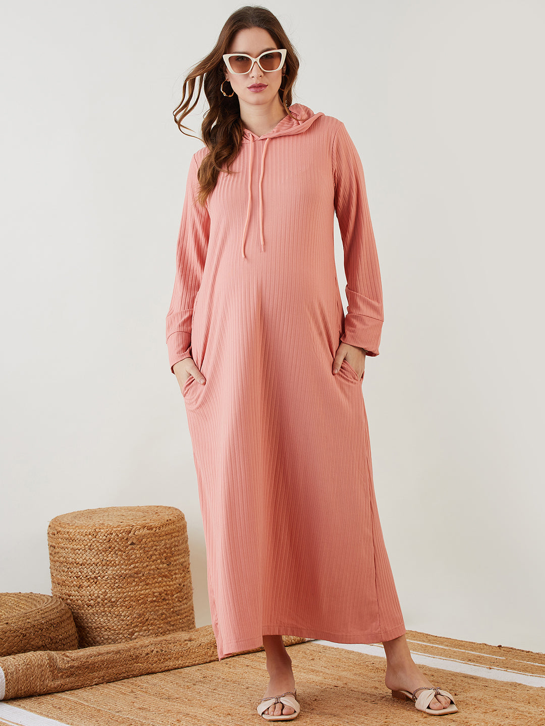 Women's peach hooded maternity dress
