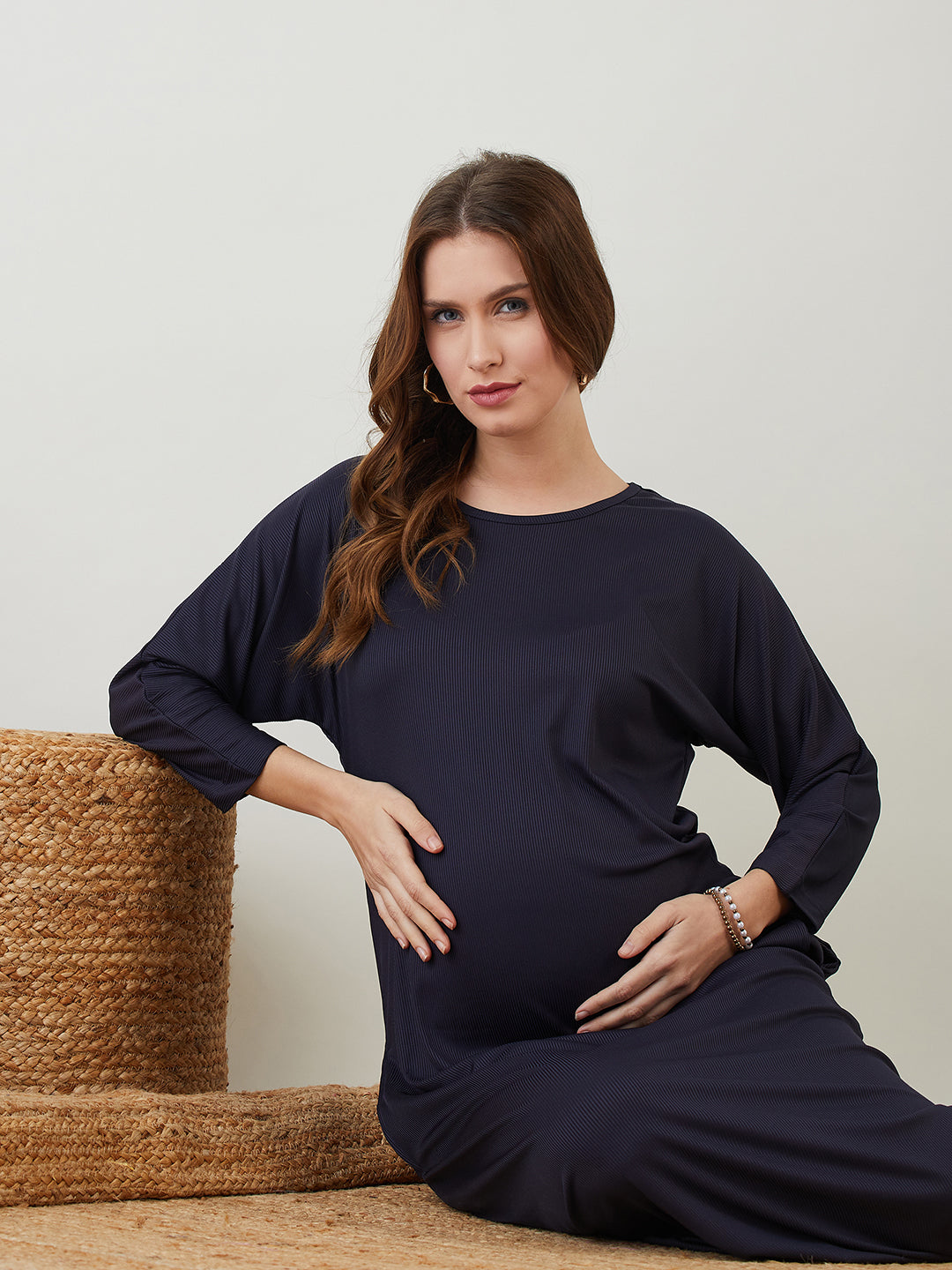 Full Sleeve Navy Blue Maternity Dress for Women