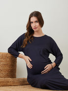 Full Sleeve Navy Blue Maternity Dress for Women